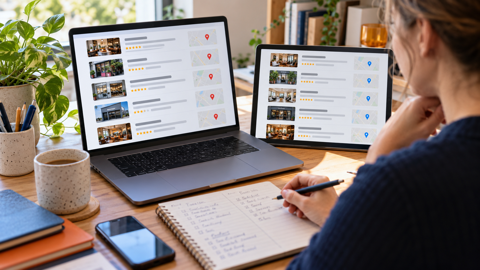 Business owner compares two lists of local business recommendations on separate screens.