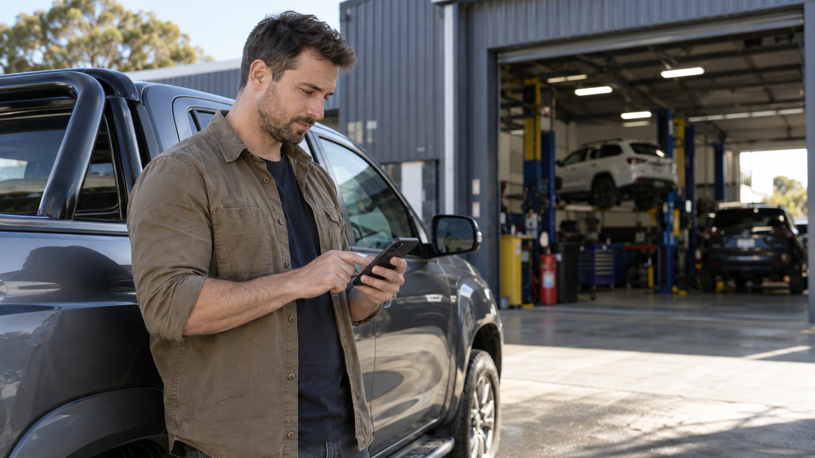 Driver checks a workshop website on a phone beside a parked ute.