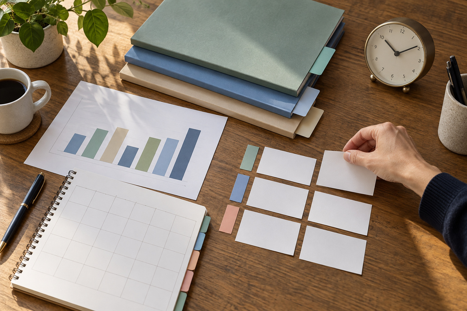 Hand arranging cards beside a printed bar chart, planning notebook, project folders and desk clock.