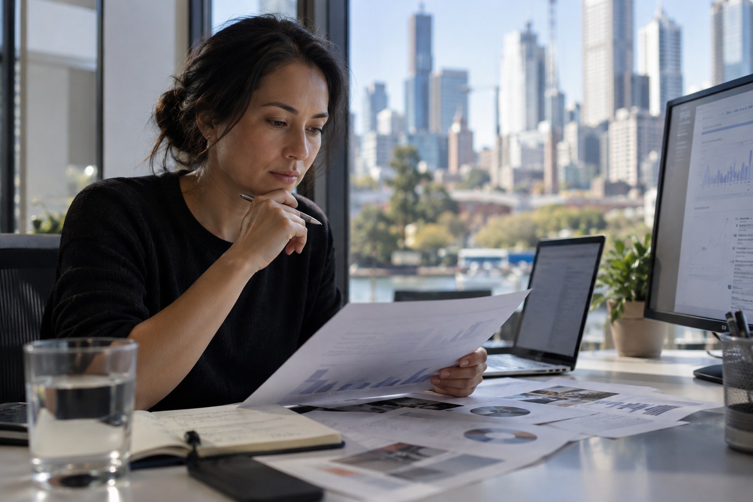 Person reviews a printed report beside charts on a desktop monitor.