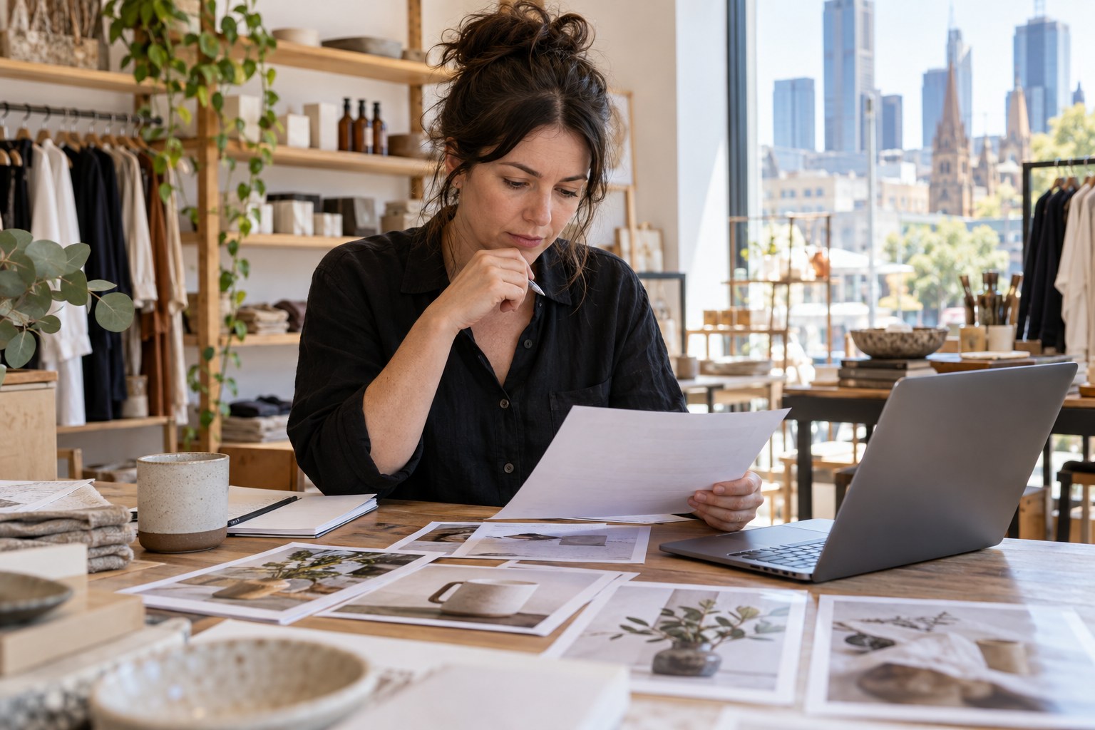 Shop owner reviews a printed page beside product photographs and a laptop.