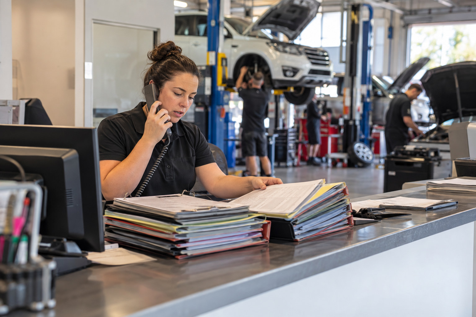 Workshop receptionist manages calls and branch folders during a busy day.