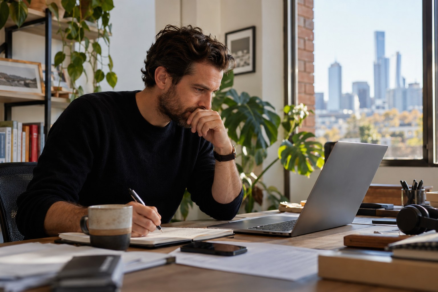 Consultant writes notes while reviewing a laptop at a desk.