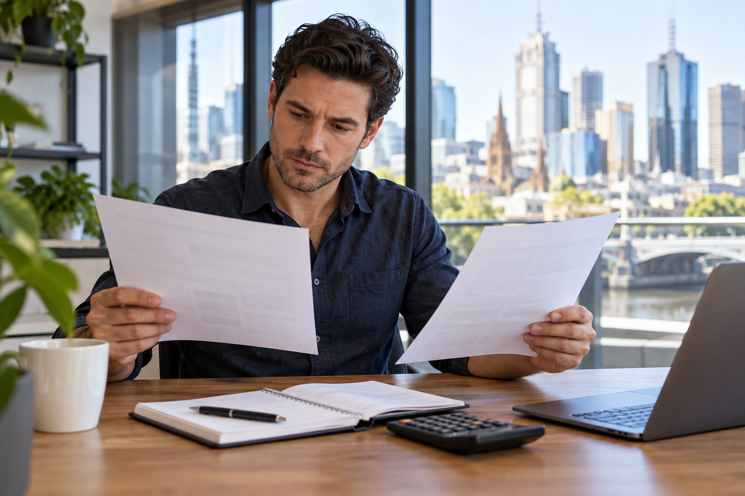 Business owner compares two printed documents beside a laptop and calculator.