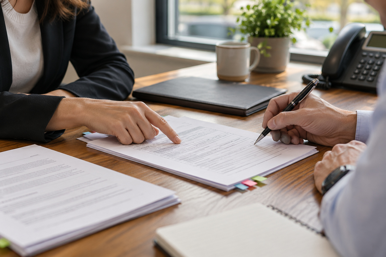 Two people reviewing a tabbed agreement, with one pointing to a clause and the other holding a pen.