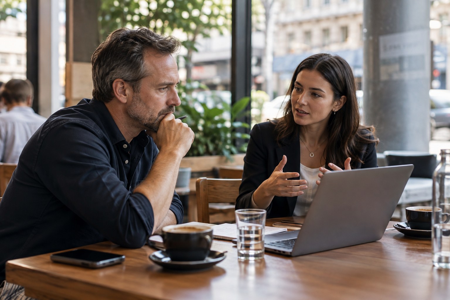 Business owner listens to a consultant beside a laptop and notebook.