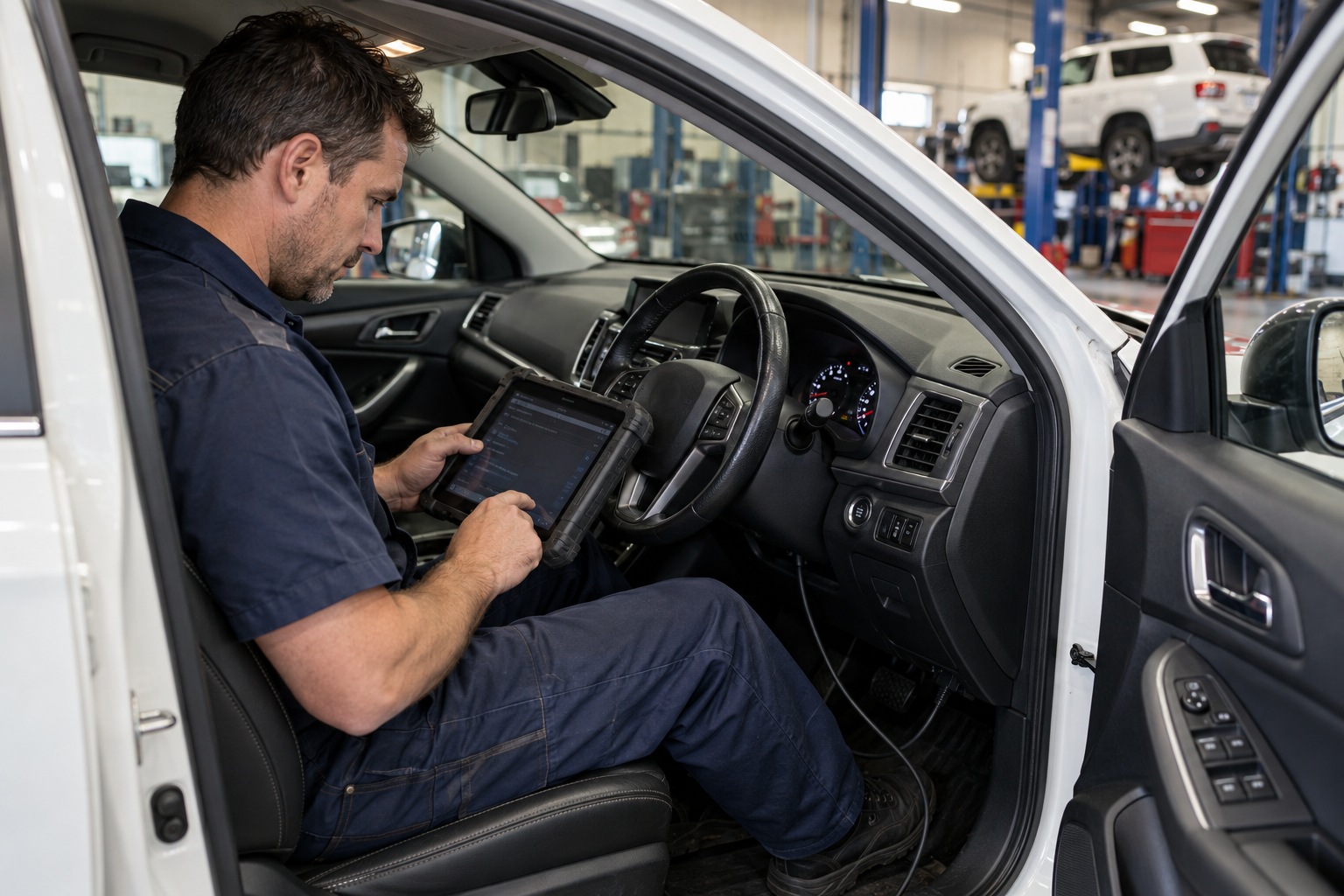 Technician reviews a diagnostic tablet in the right-hand driver seat of a stationary workshop vehicle.