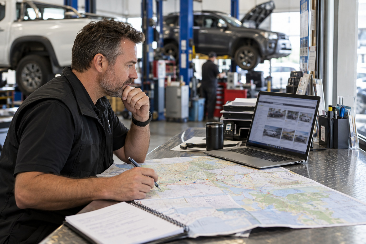 Workshop manager reviews a map and website pages for multiple branches.