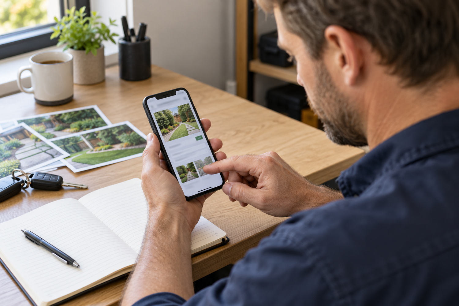Tradesperson using a phone to manage a website with garden-work photographs beside an open notebook.