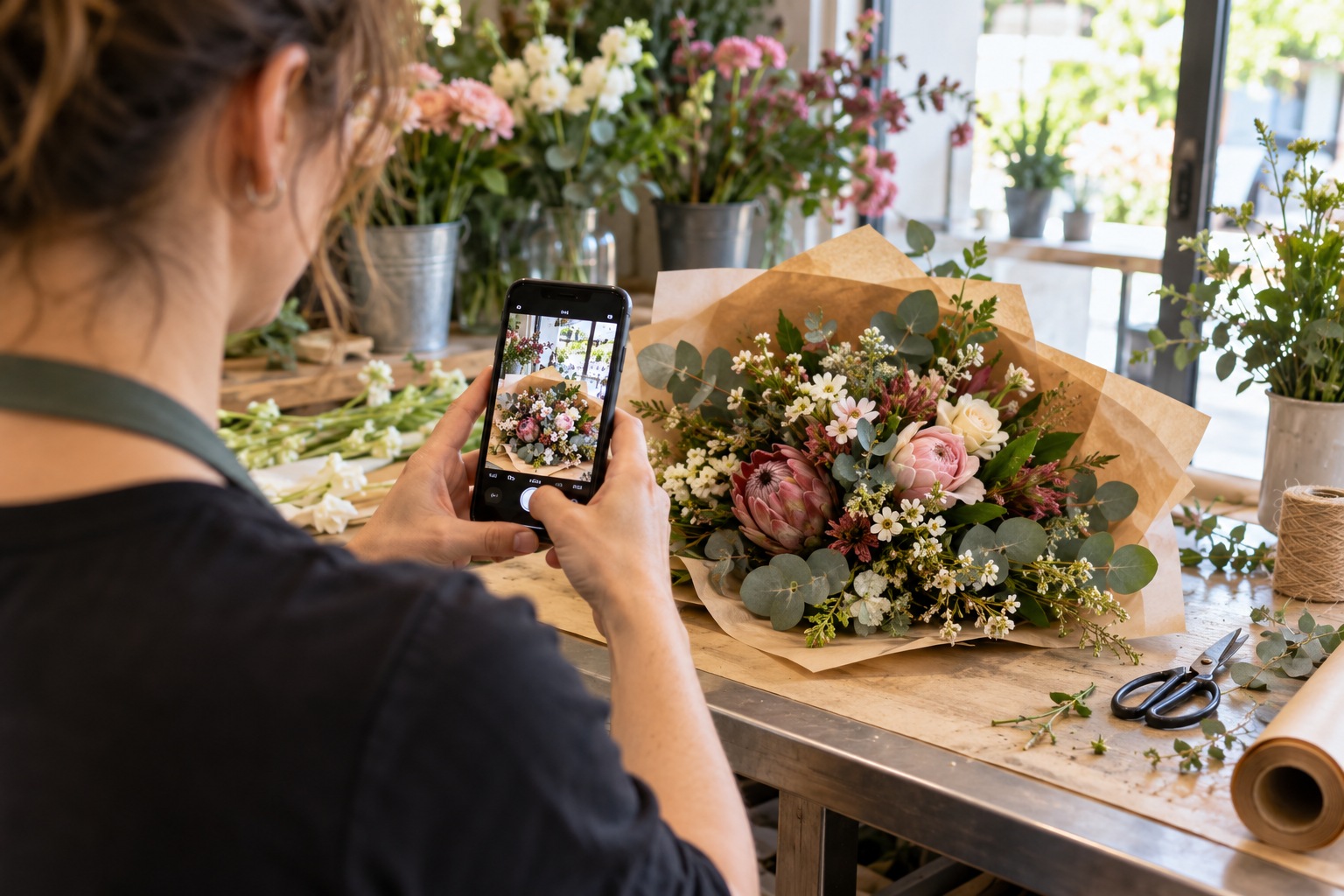 Florist photographs a freshly wrapped bouquet with her smartphone at the shop counter.
