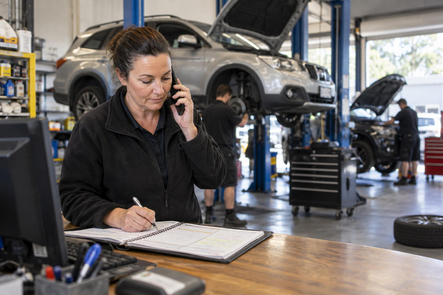 Workshop receptionist takes a customer call and records a booking.