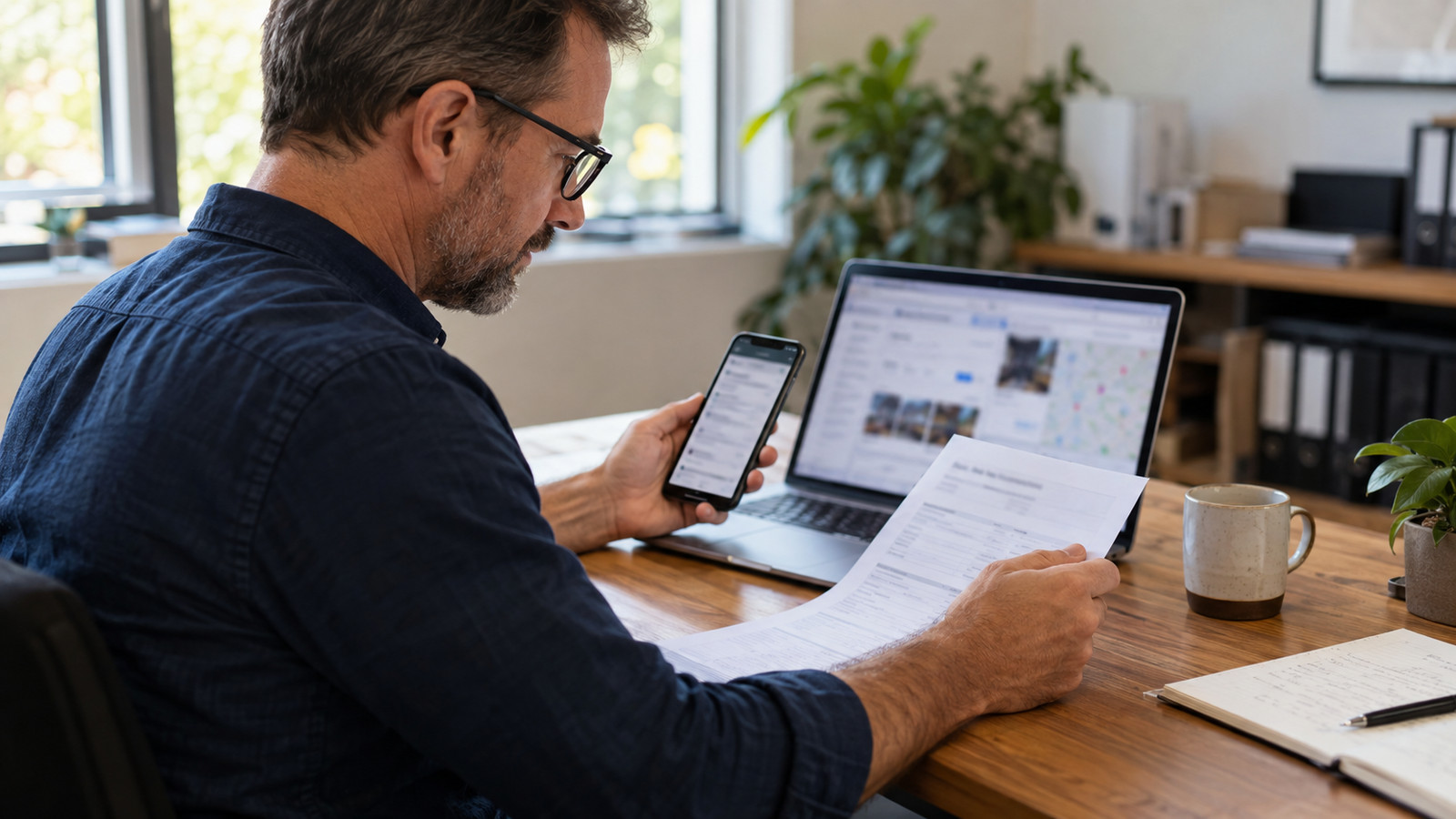 Business owner compares contact details across a phone, laptop and paper record.
