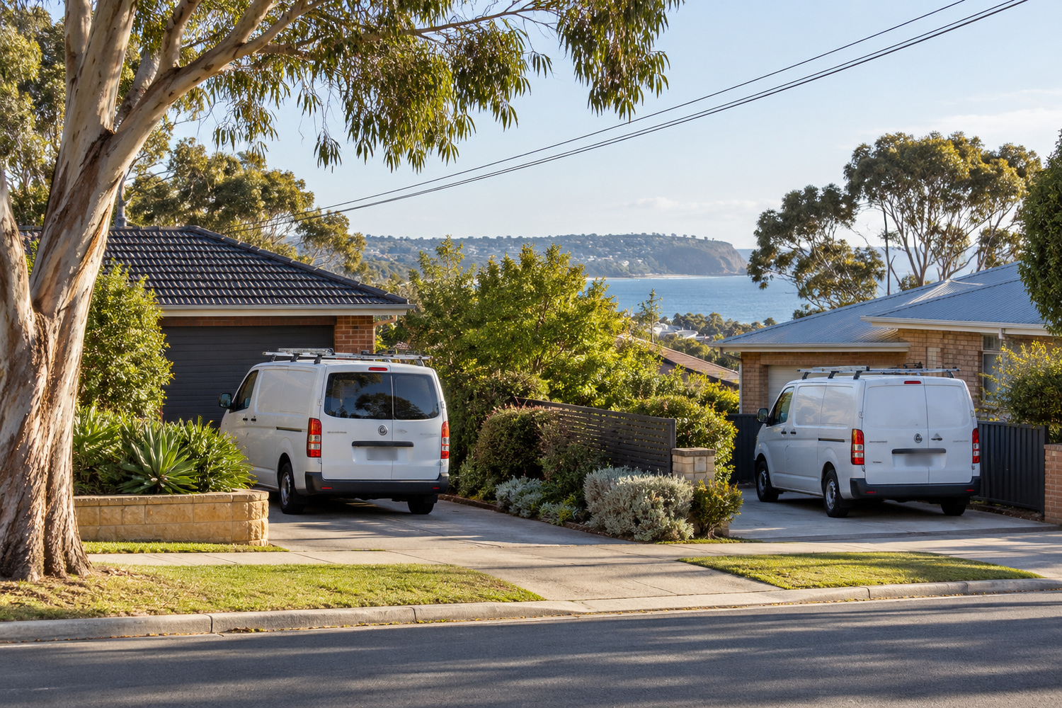 Two white work vans parked in separate suburban driveways overlooking a coastal bay.
