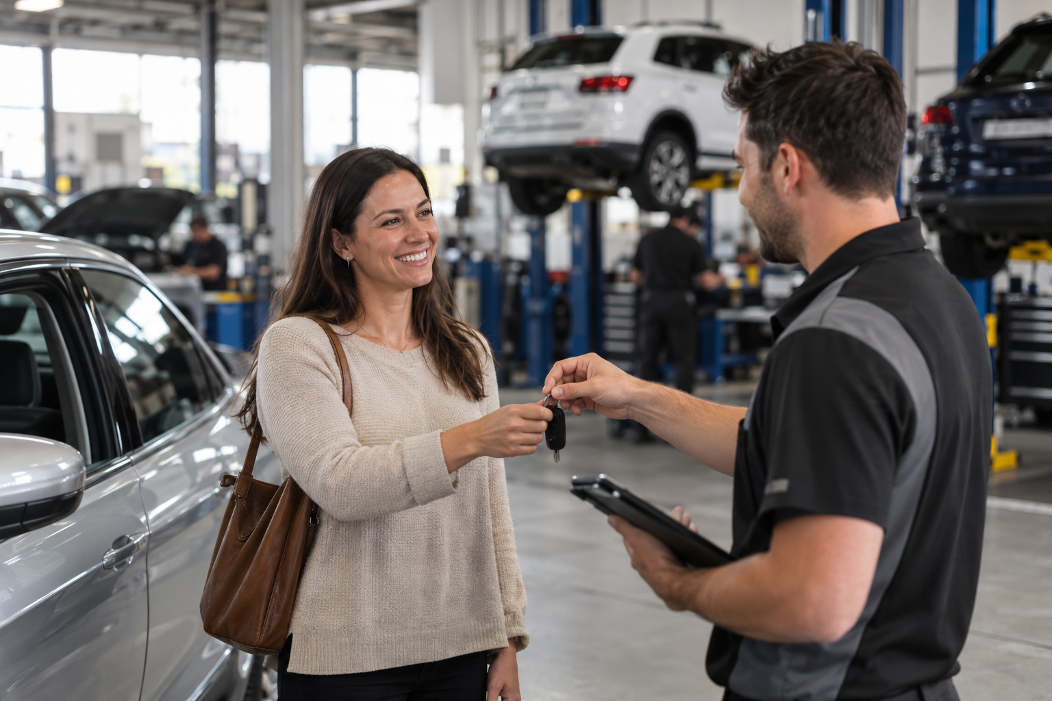 Service adviser returns keys to a customer in a workshop.