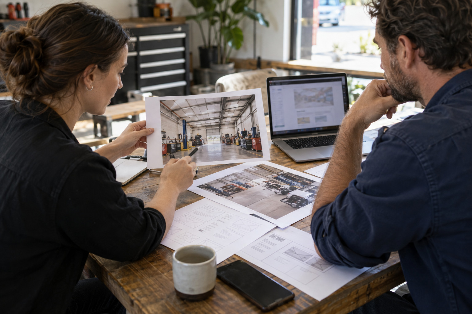 Workshop owner and designer compare location photographs and web page plans.