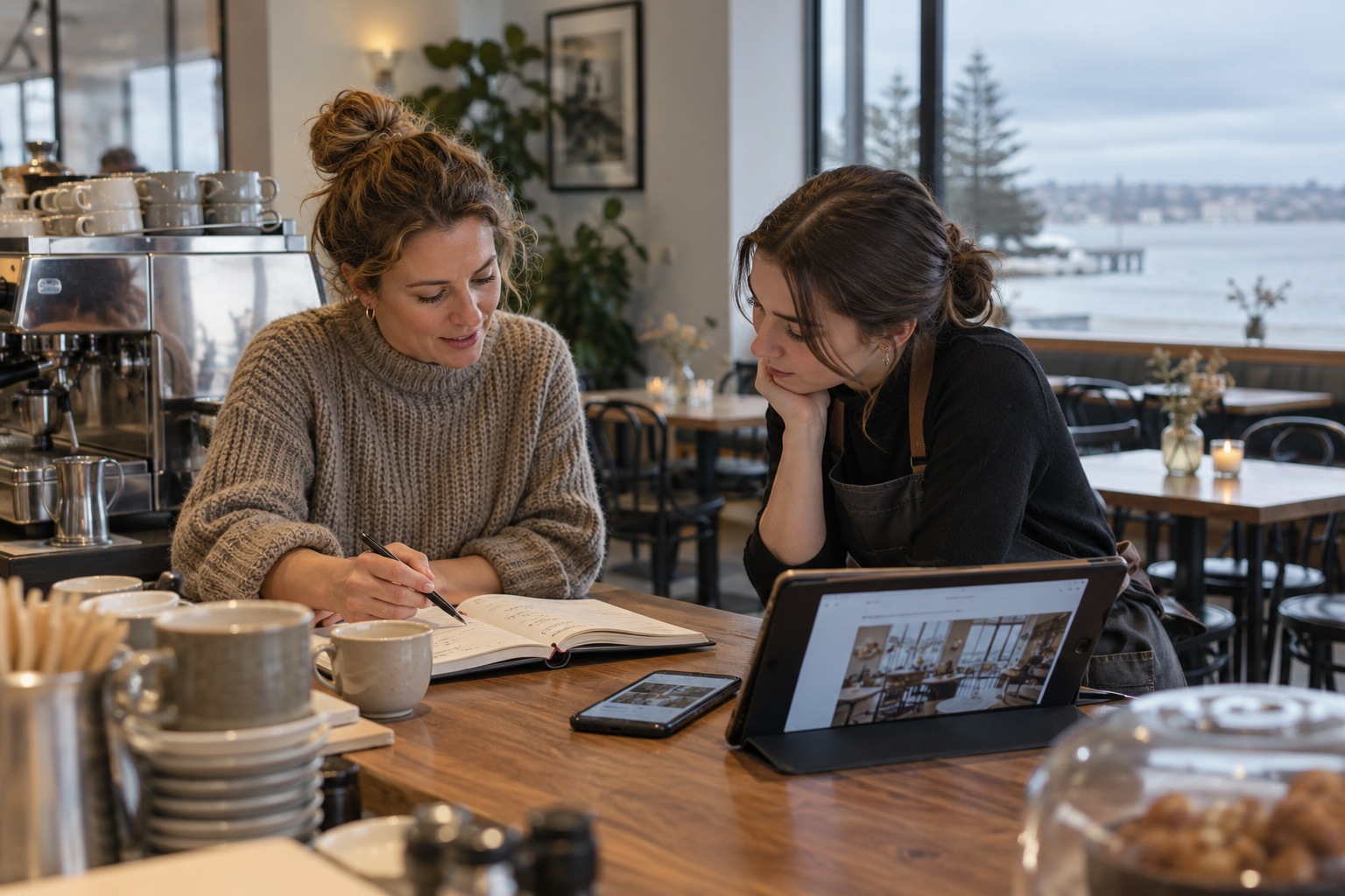 Cafe manager and staff member review a diary, tablet and phone in a quiet cafe during grey weather.