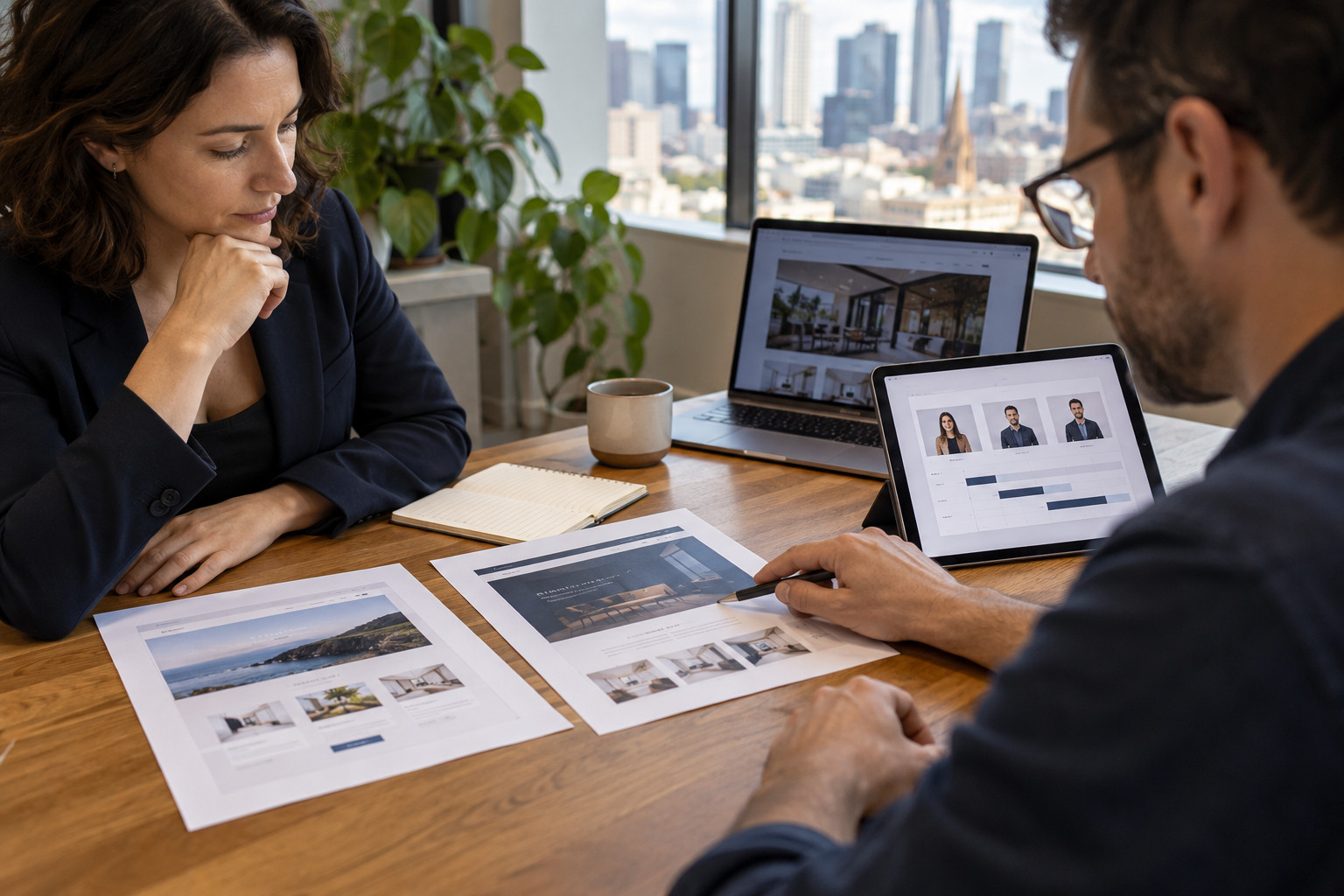 Business owner comparing website plans with an adviser in a Melbourne office