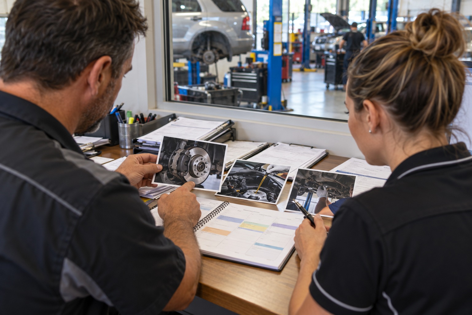 Workshop staff compare service photographs with job cards and an appointment diary.
