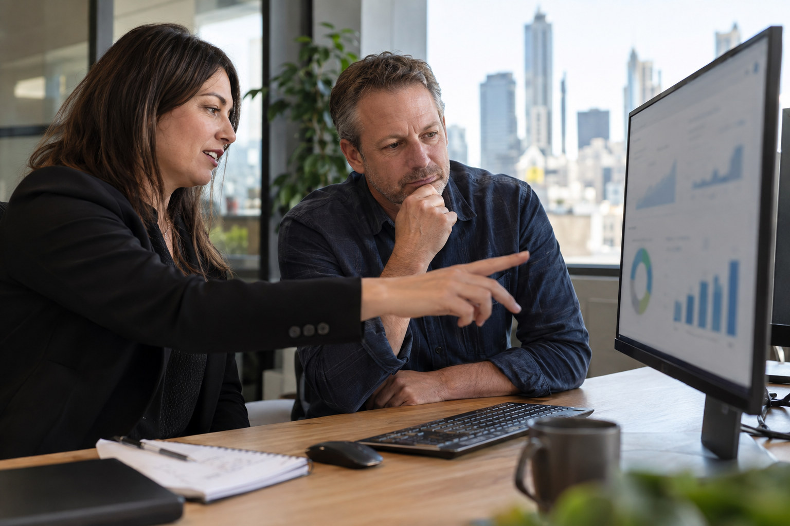 Marketing specialist explains campaign performance to a business owner.