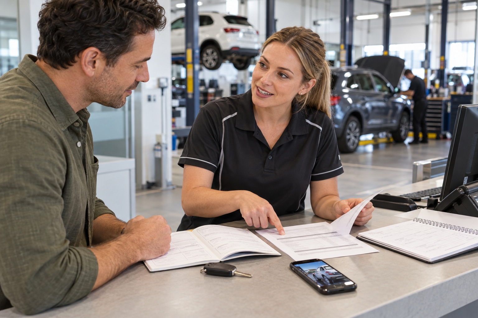 Service adviser explains a quotation to a customer beside a maintenance logbook, keys and appointment diary.