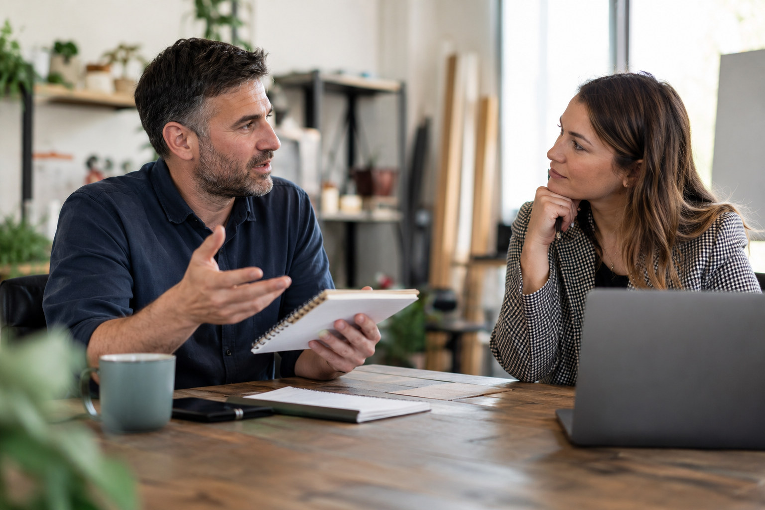 Business owner asks an adviser questions during a marketing meeting.