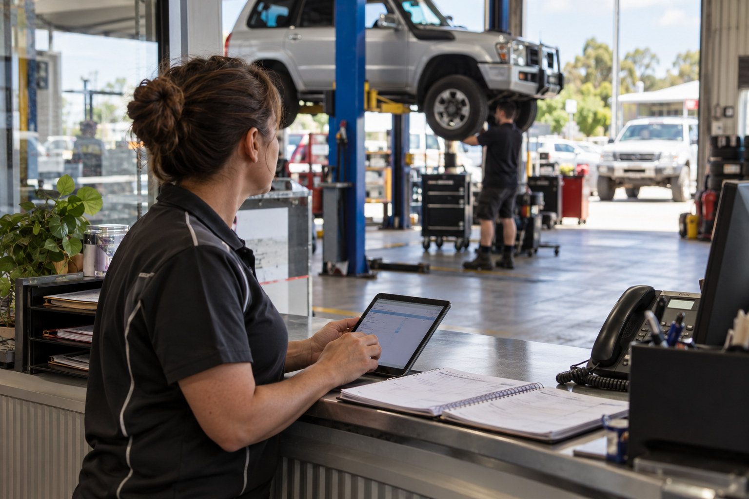 Workshop receptionist checks branch appointments on a tablet.