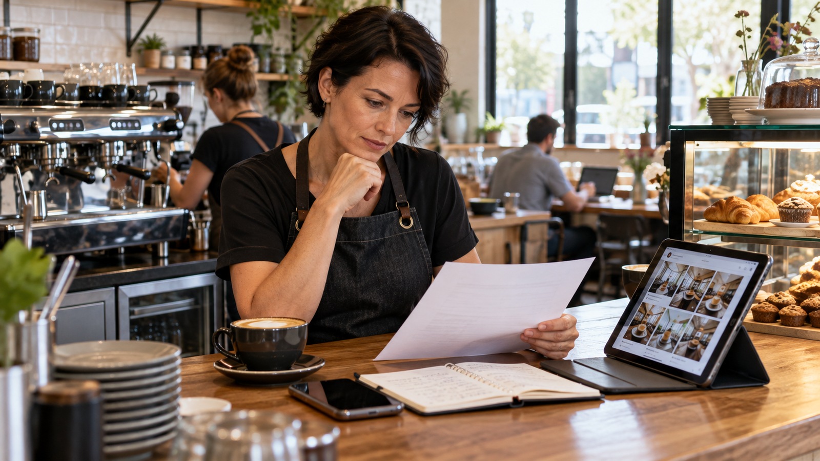 Cafe owner reviews a printed quote beside a tablet of cafe photographs, diary and phone.
