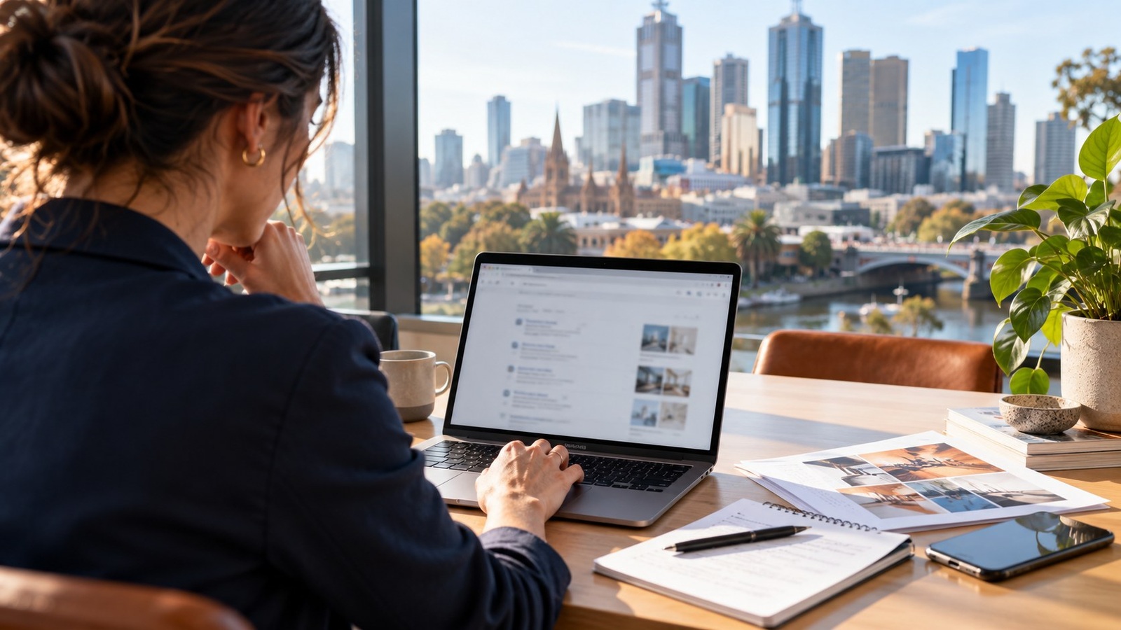 Business owner reviewing local search results at a desk overlooking Melbourne.