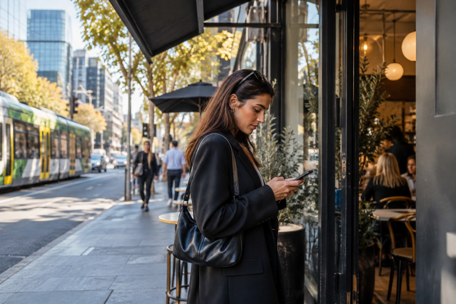 Pedestrian checks a phone outside a cafe with a tram visible along the street.