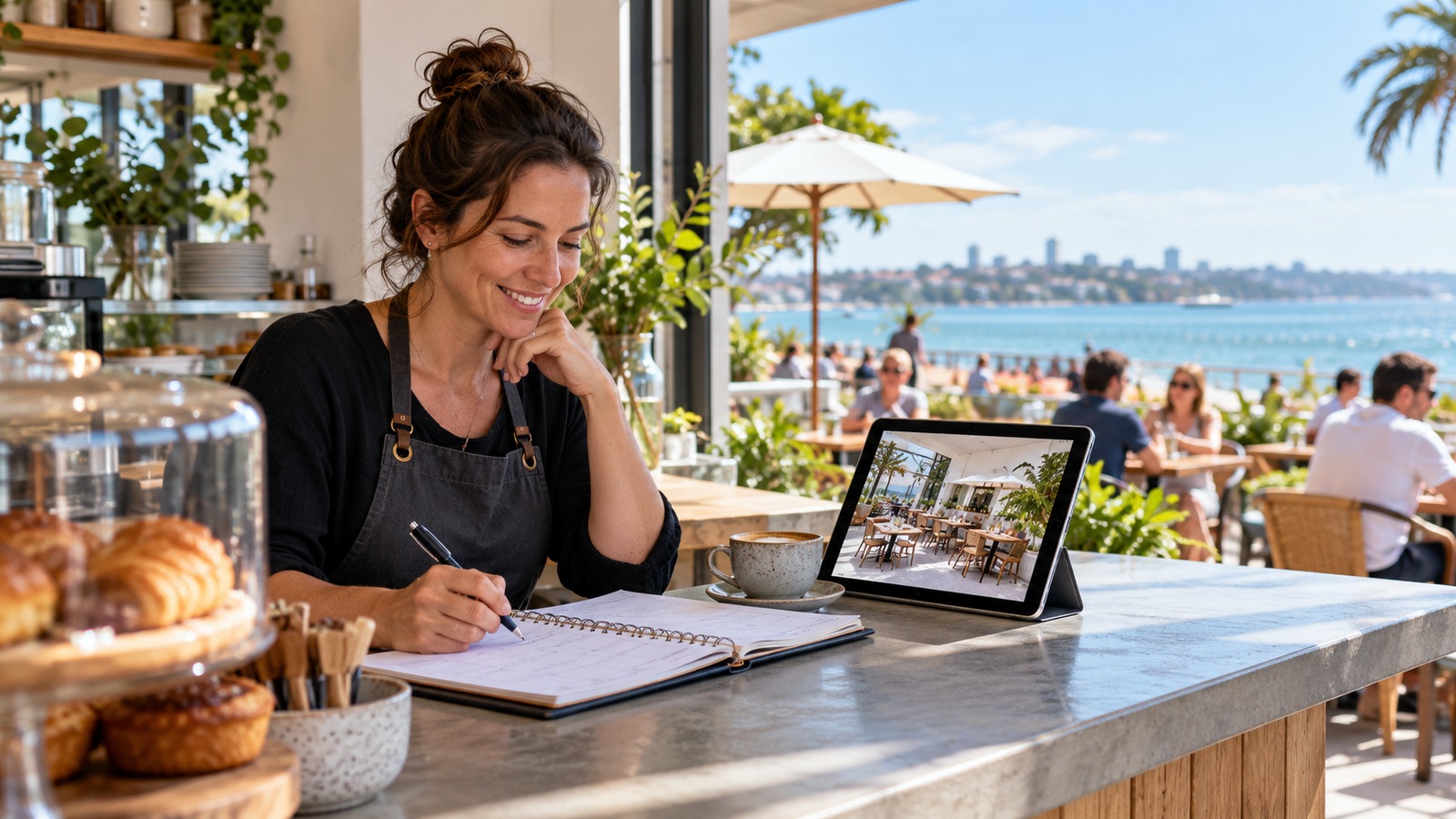 Cafe owner plans bookings with a paper diary and tablet beside a busy bayside terrace.
