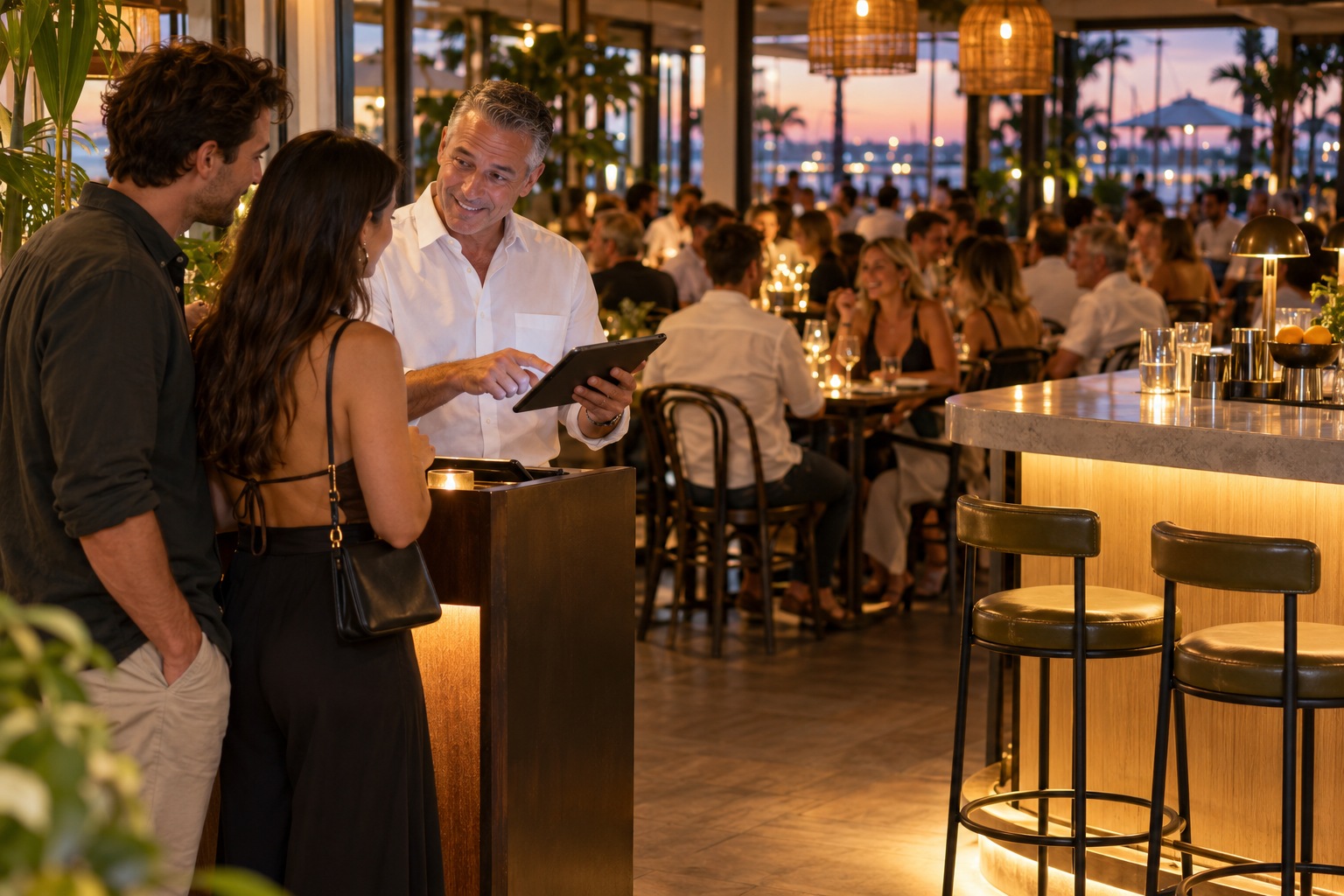 Restaurant host checks a tablet with arriving guests beside vacant bar stools and a full dining room.