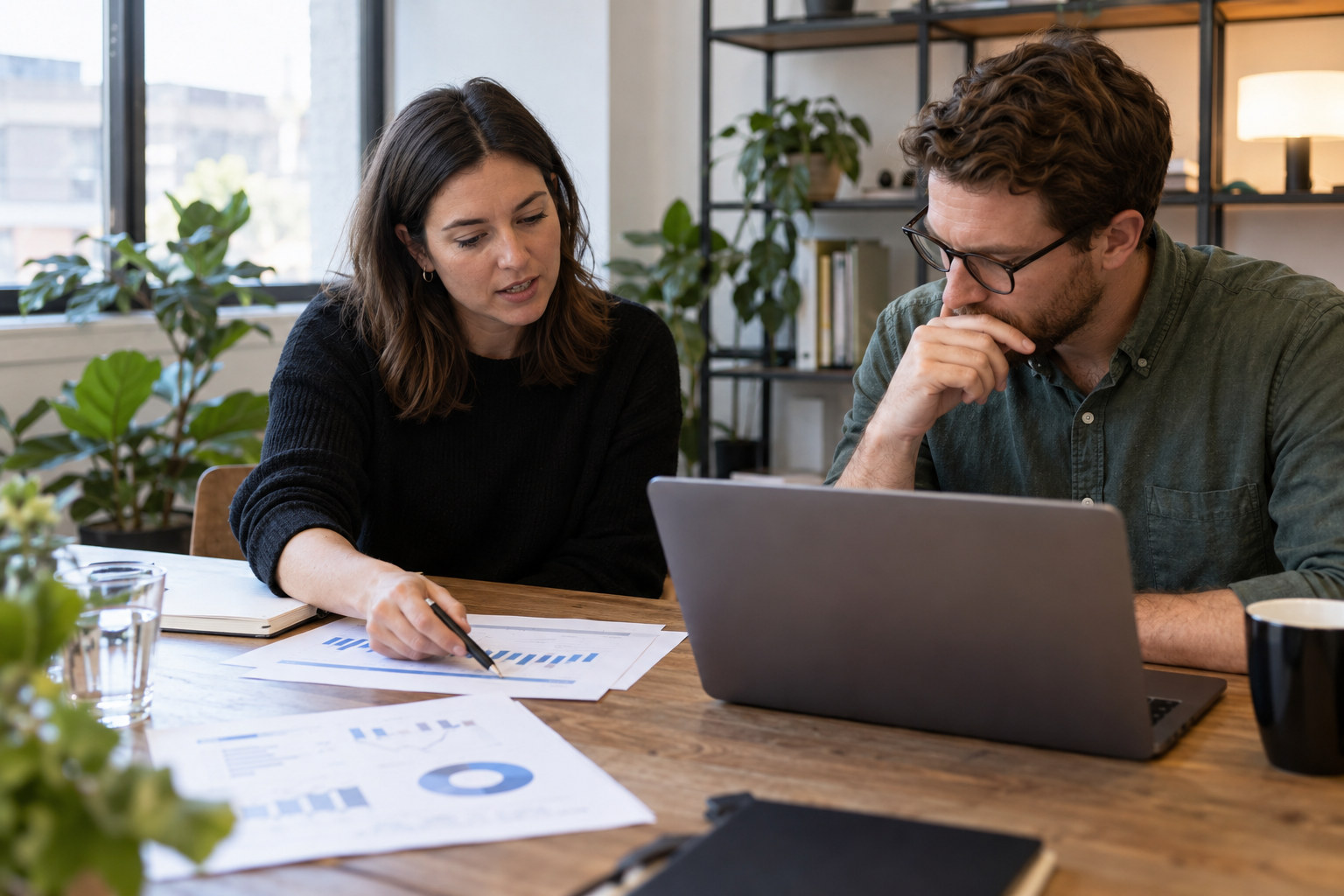 Marketing colleagues review a printed performance report during a monthly meeting.