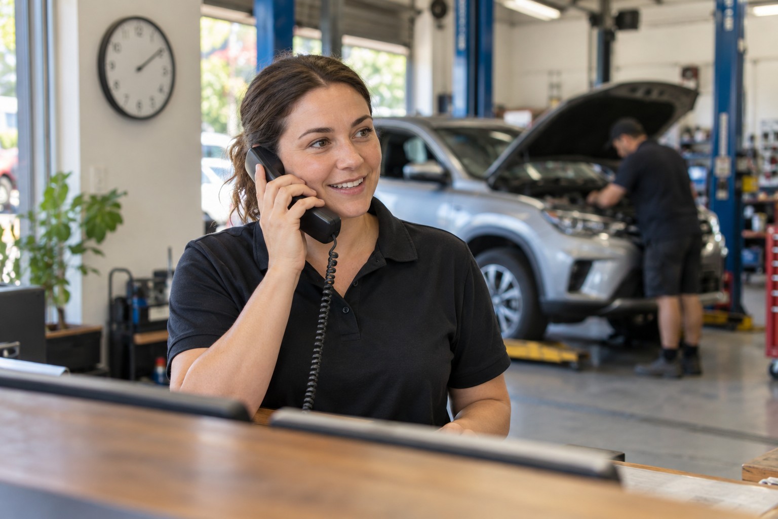 Workshop service advisor answers the phone during staffed business hours.