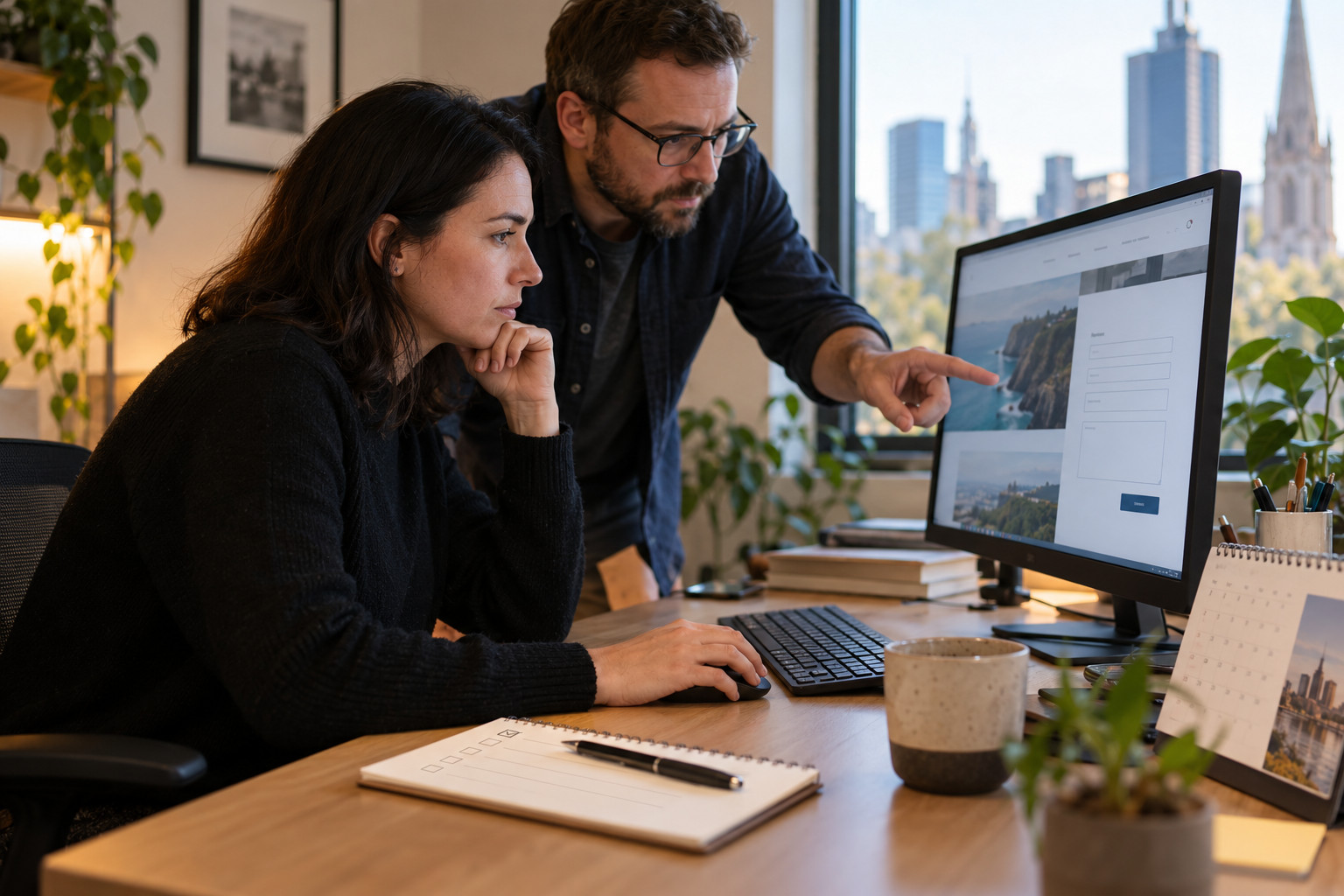 Small business owner reviewing a website contact form with a support specialist