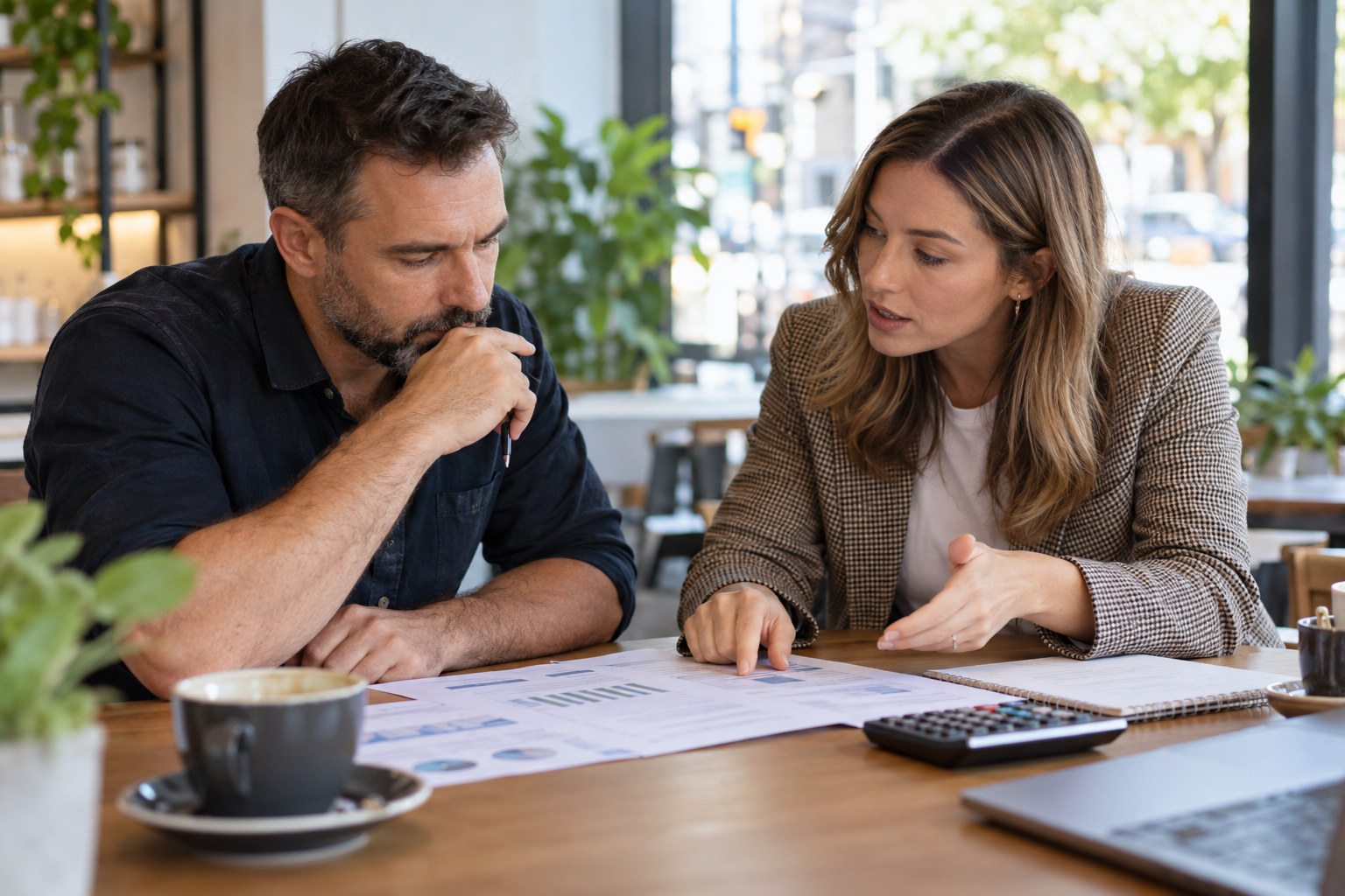Business owner and adviser review a budget sheet and calculator.
