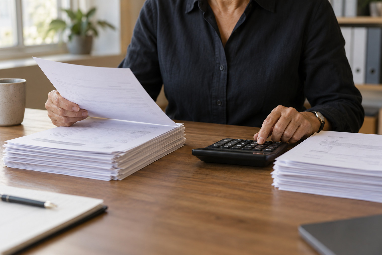 Business owner compares two separate stacks of paperwork with a calculator.