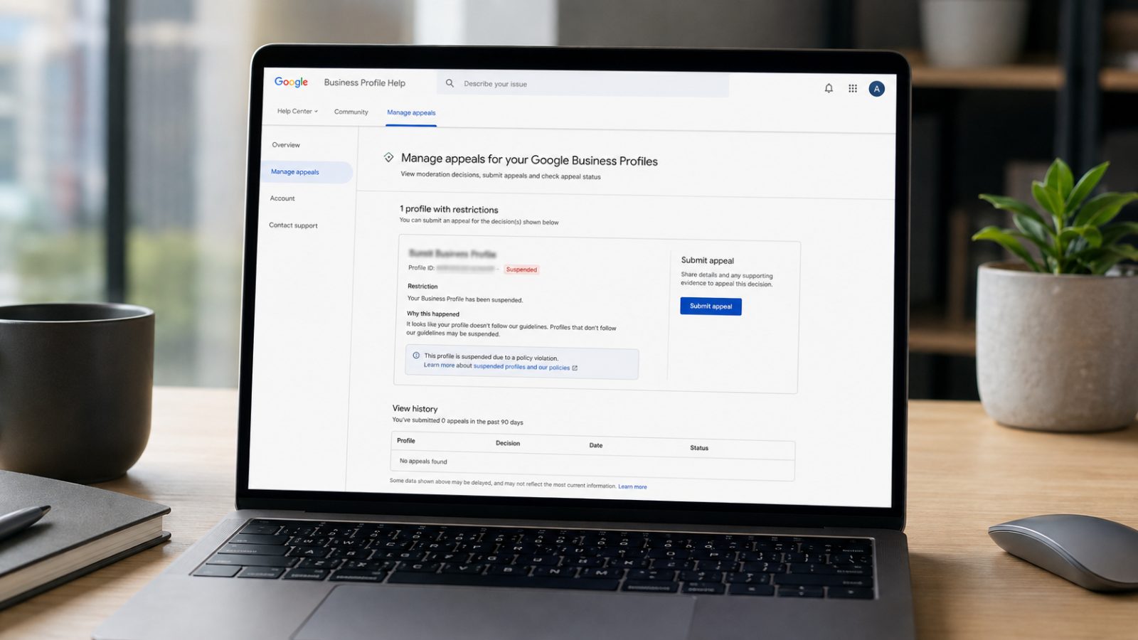 The Google Business Profile appeals tool showing the reason for a suspension.