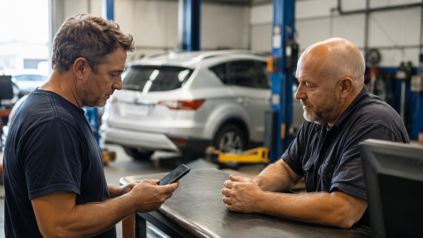 Independent mechanic at a workshop counter taking a customer call
