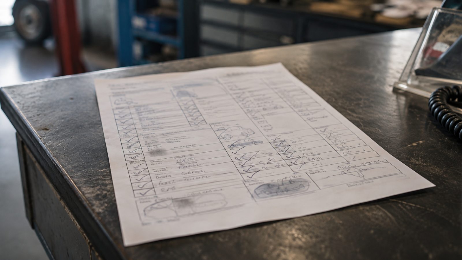 Completed vehicle service sheet on a workshop counter