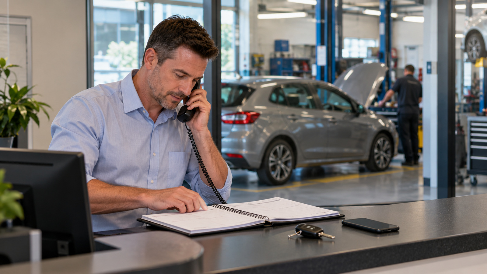 Service adviser takes a phone call while consulting an appointment diary at workshop reception.