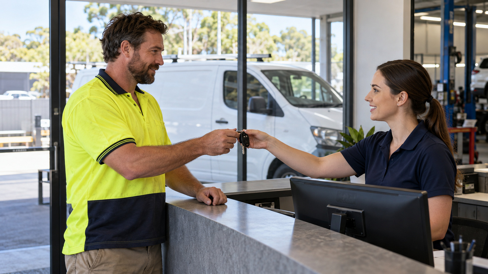 Tradesperson hands van keys to a receptionist with a white work van visible behind them.