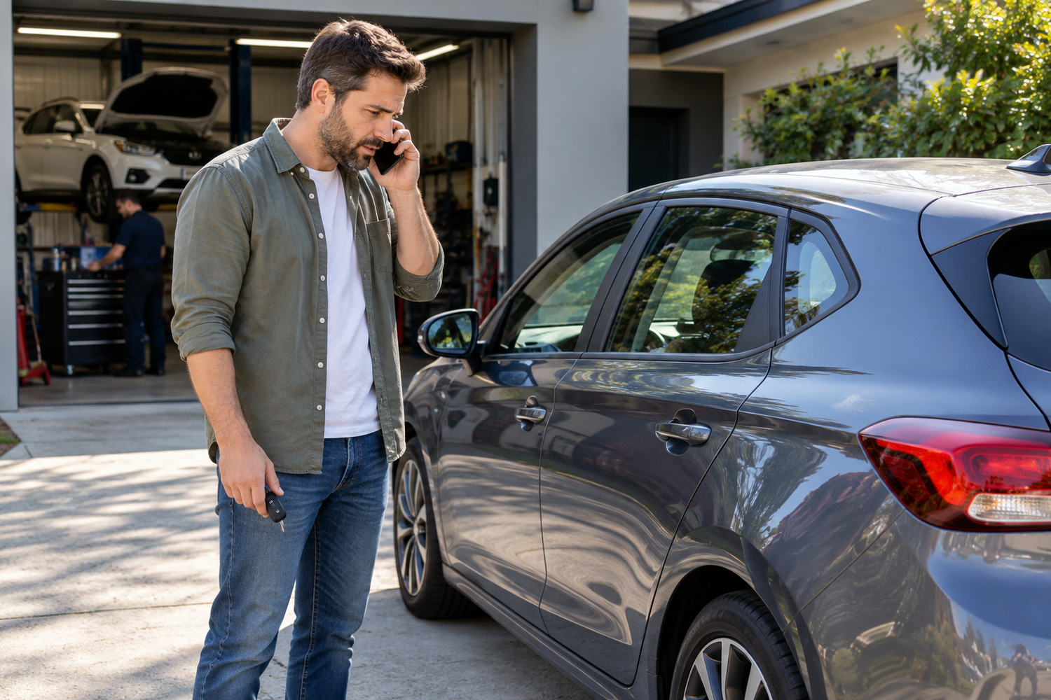 Vehicle owner speaks on a mobile phone beside a parked hatchback.