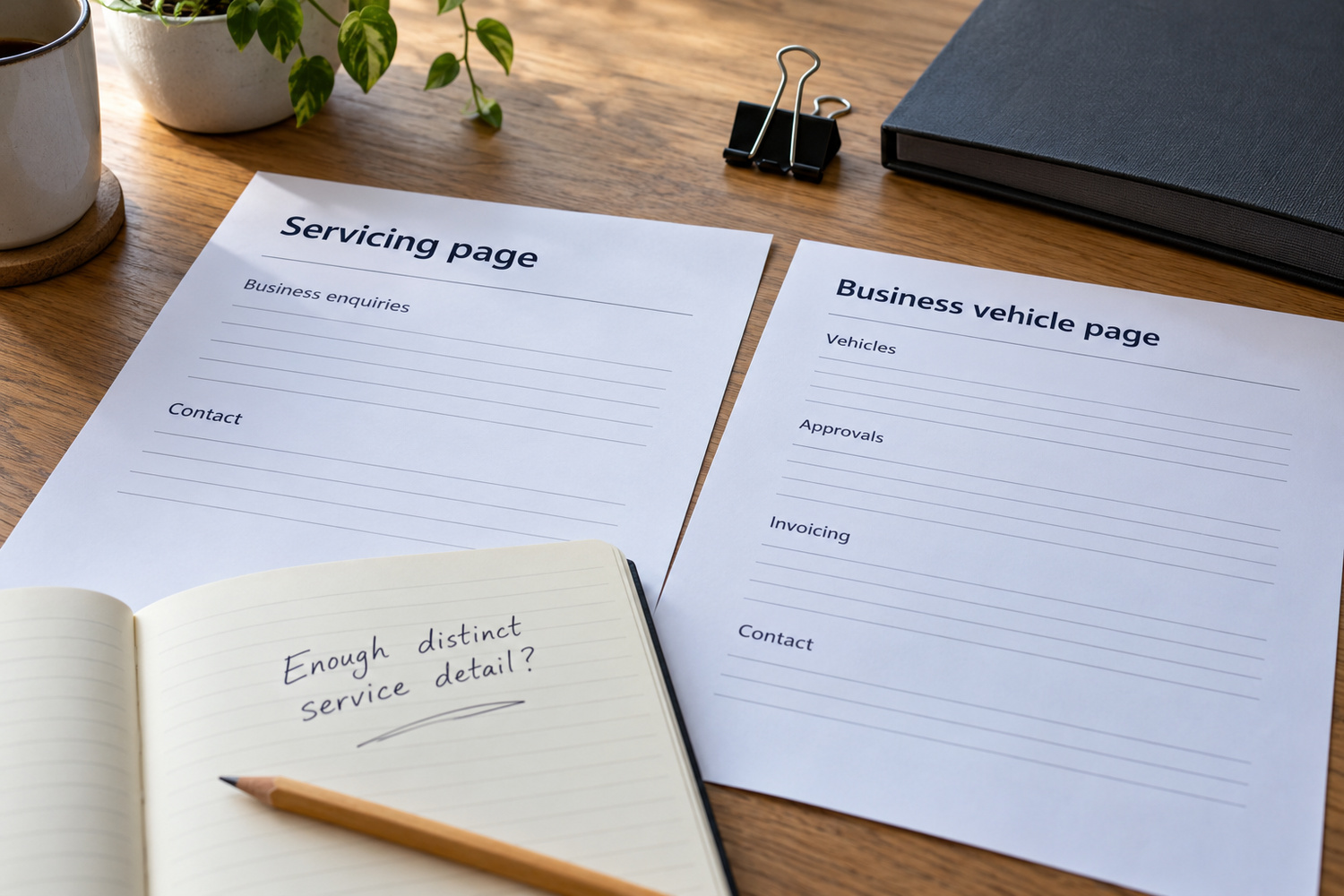 Servicing page and business vehicle page outlines compared beside a notebook asking whether there is enough distinct service detail.