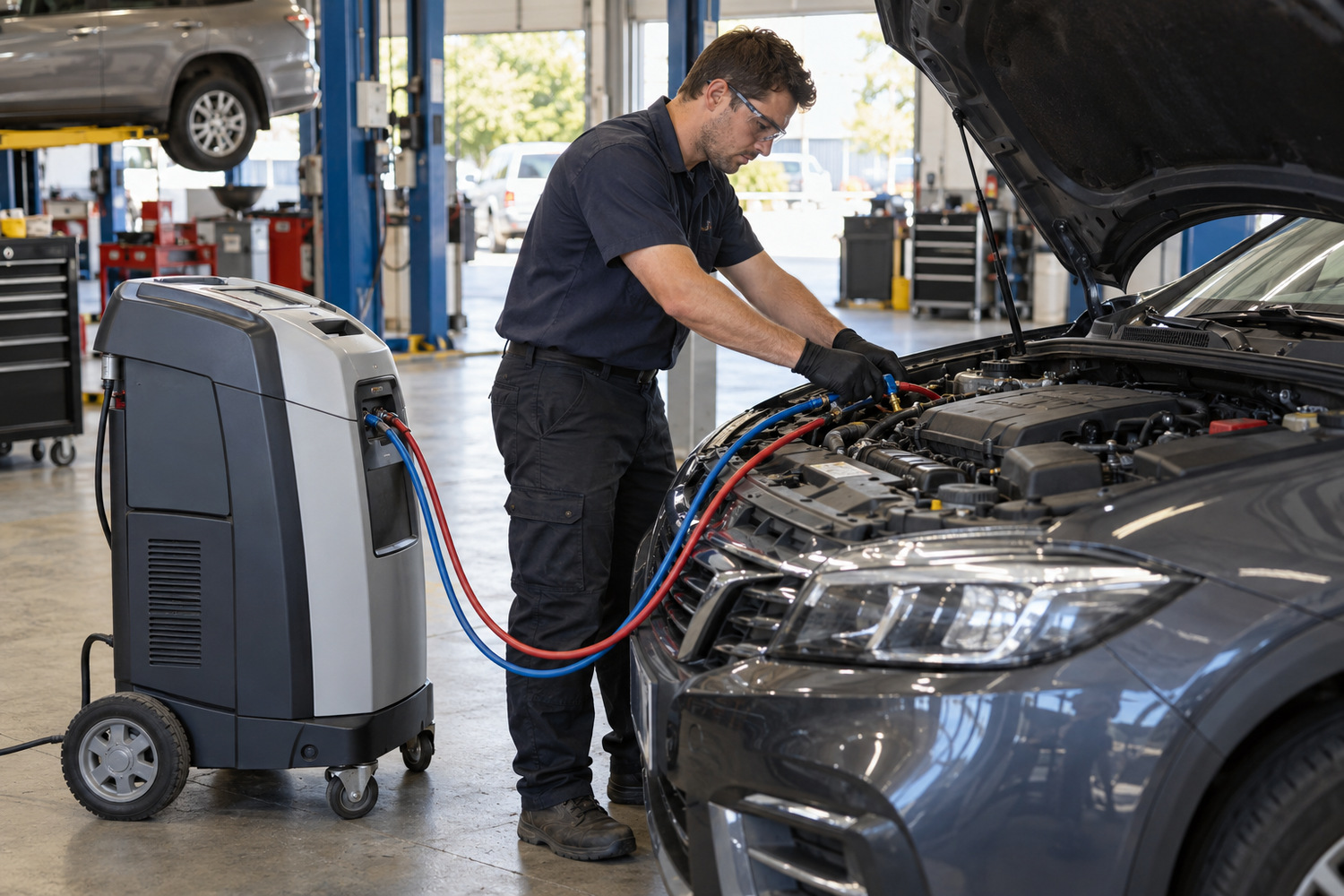 Technician uses air-conditioning service equipment beside a car with its bonnet raised.