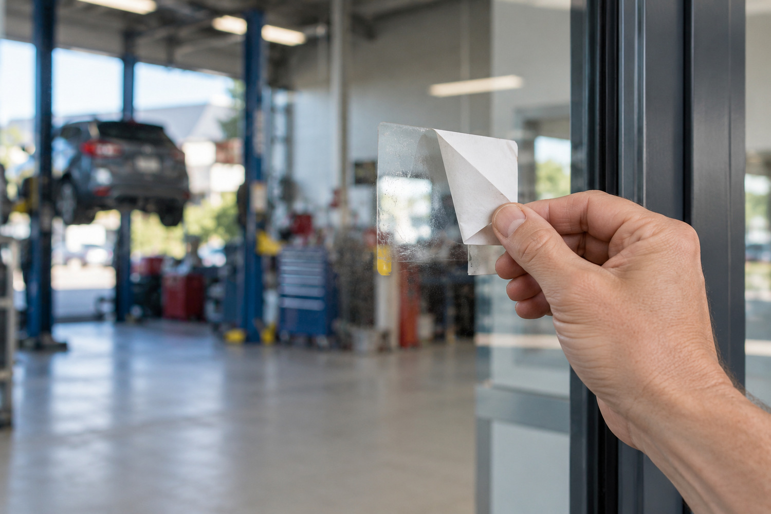 Hand peels a rectangular decal from workshop entrance glass, revealing adhesive residue.
