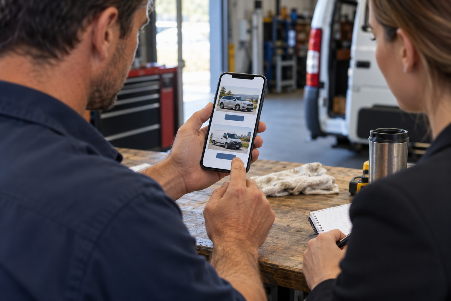 A workshop owner tests car and van enquiry choices on a phone while a consultant takes notes.