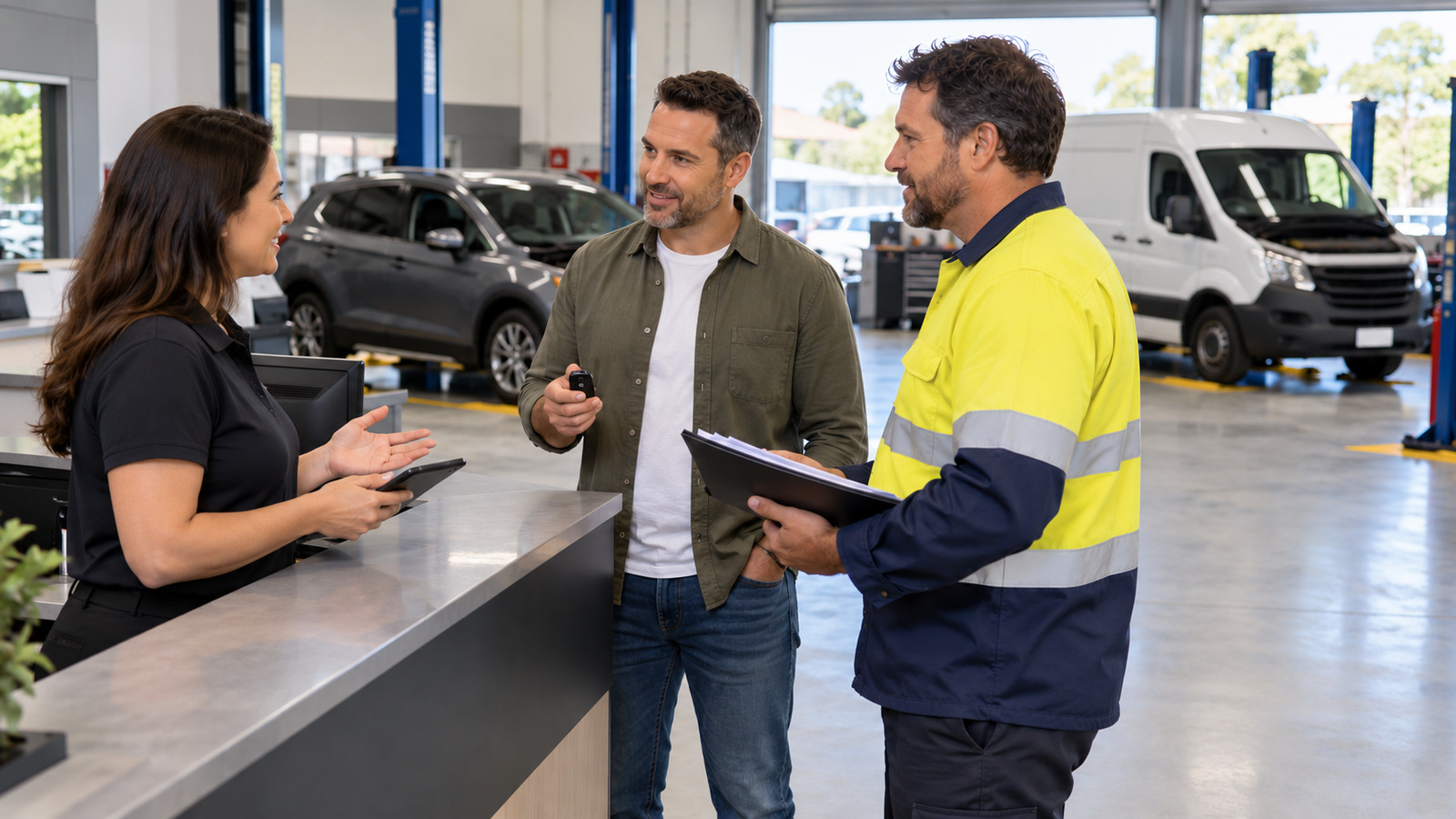 A service adviser speaks with a private car customer and a business driver at workshop reception.