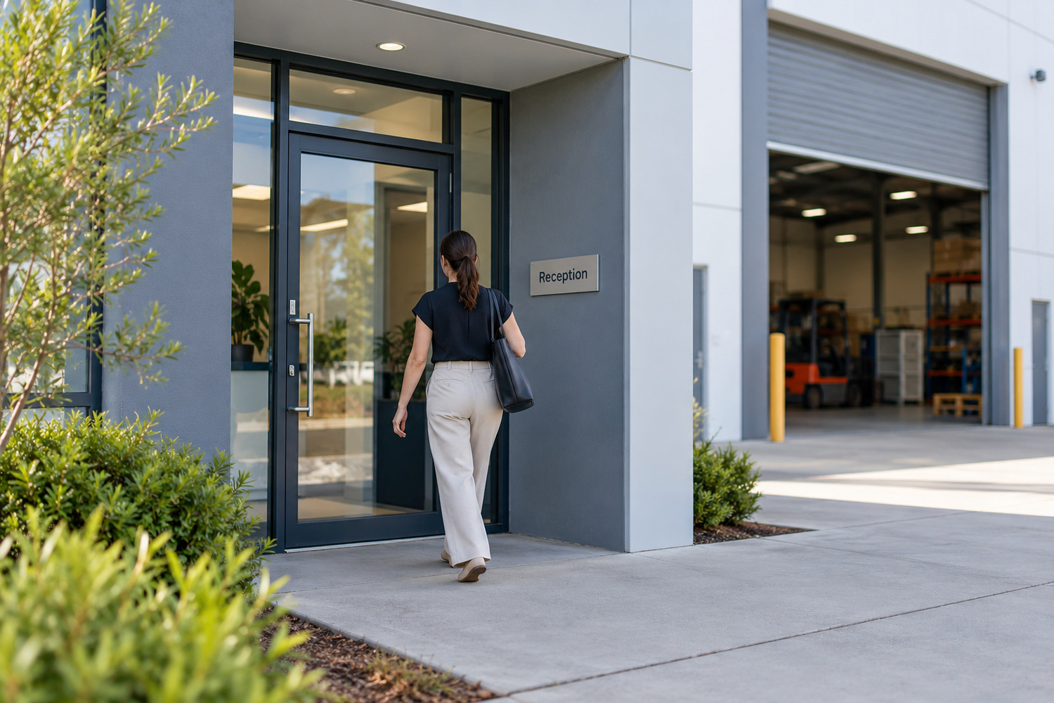 Visitor approaches a recessed reception door beside a separate roller-door opening.