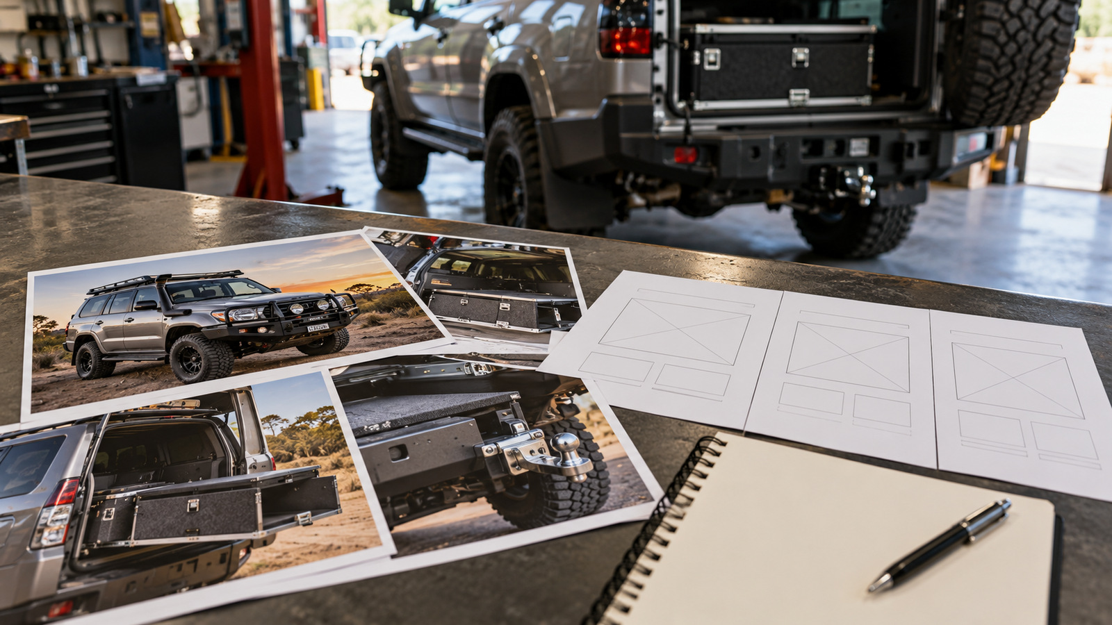 Touring vehicle photographs and page-layout sketches arranged on a workshop planning counter.