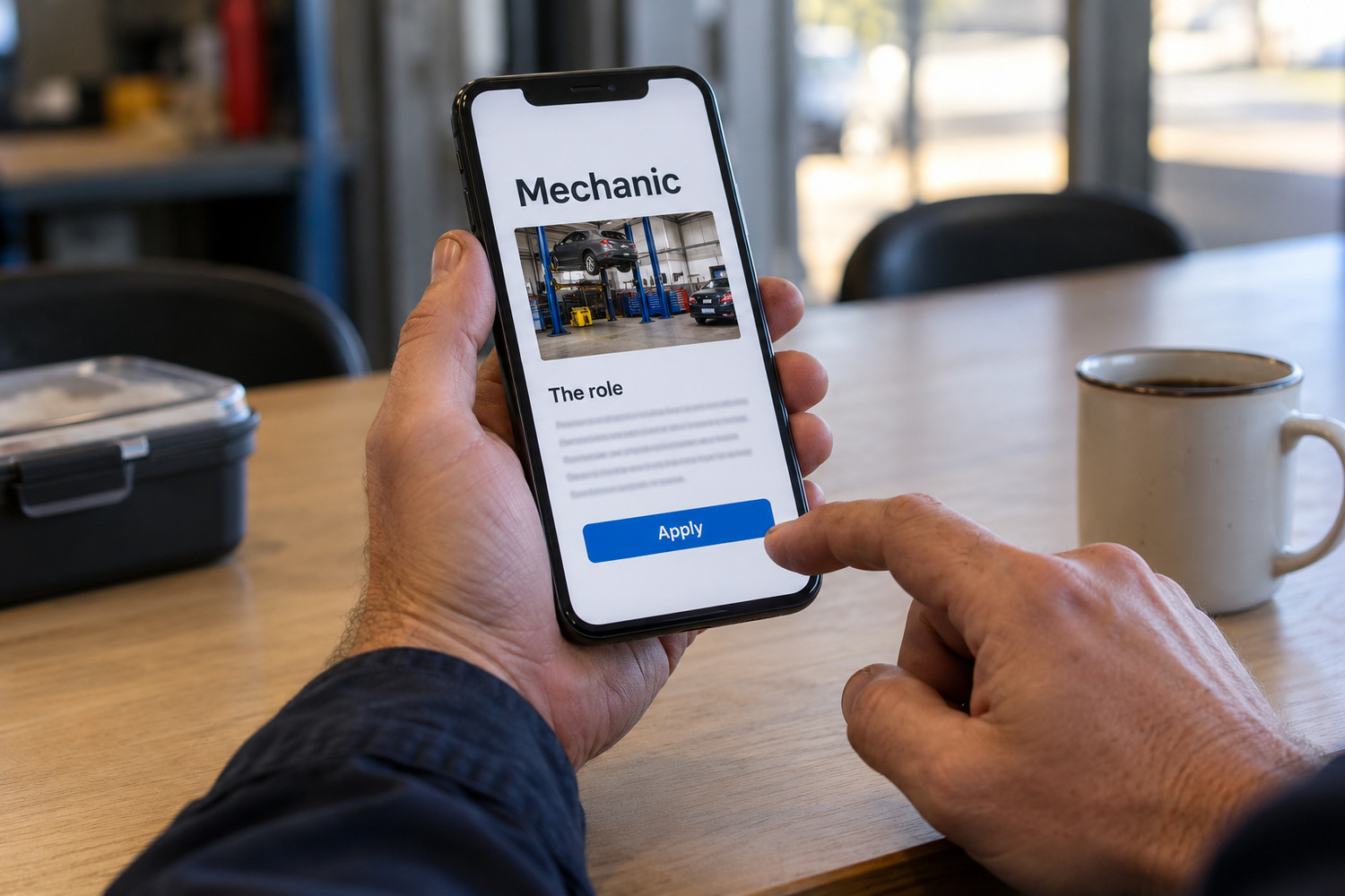 Hands hold a phone displaying a mechanic vacancy with a clear Apply button.